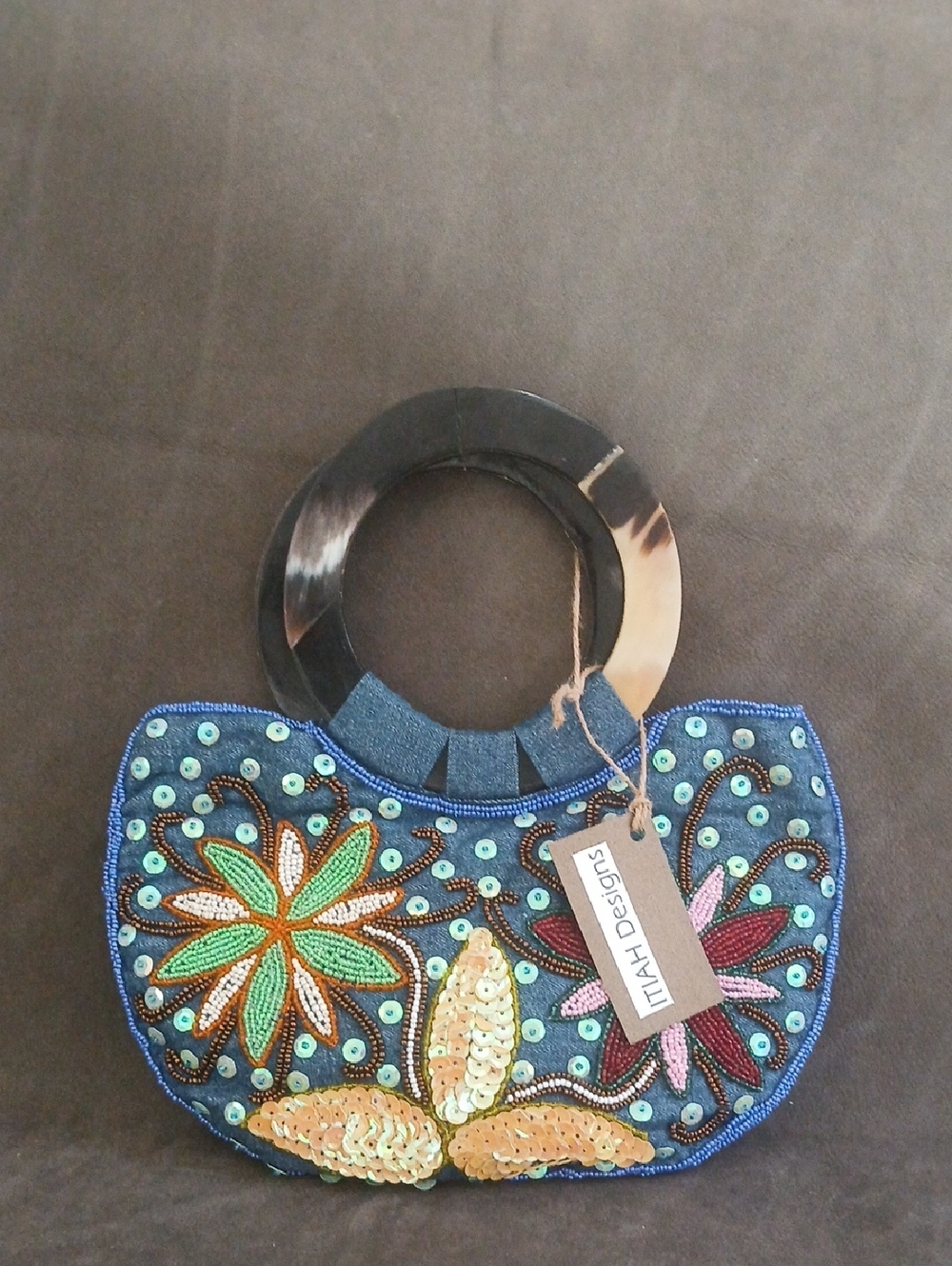 Handbeaded-Embroidered Multicolor Sequin Floral Handbag Haiti NEW